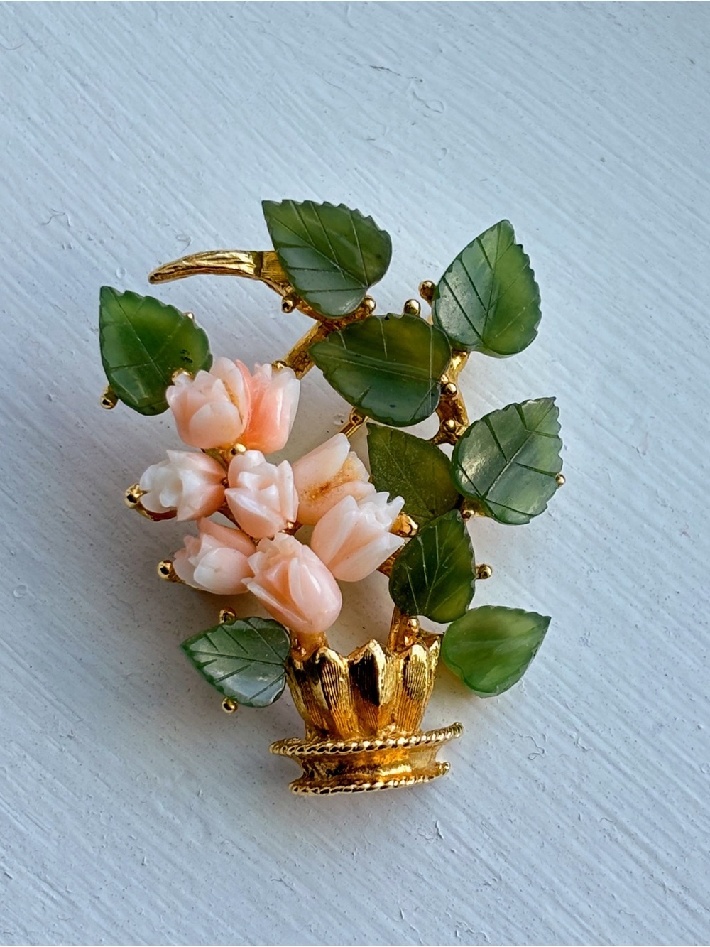 Estate Vintage Swoboda Floral Brooch Pin, Genuine Jade and Coral Gold Tone